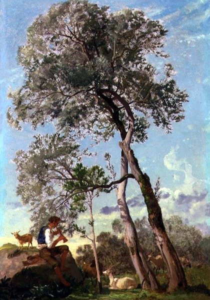 V Campagna, pastevec koz hrající na dýmku (olej na papíře položený na palubě) od Frederick Lee Bridell