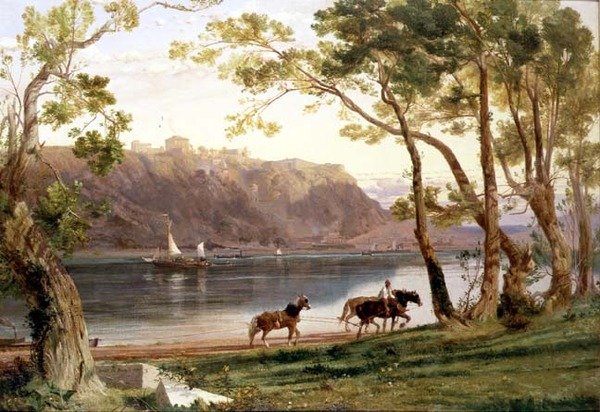 Říční krajina s člunovými koňmi od Frederick Lee Bridell