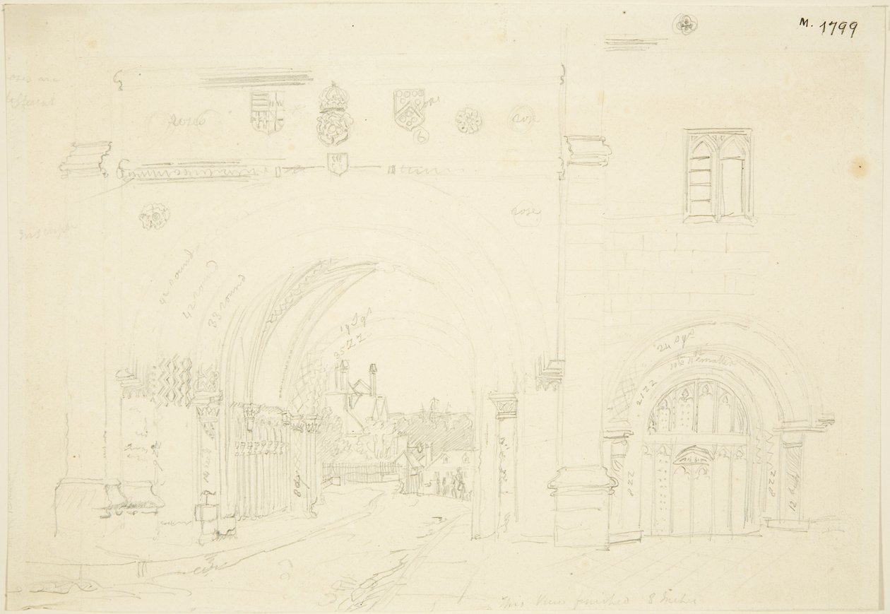 Abbey Gatehouse of Bristol Cathedral, pohled na jih (tužka na papíře) od Frederick Mackenzie
