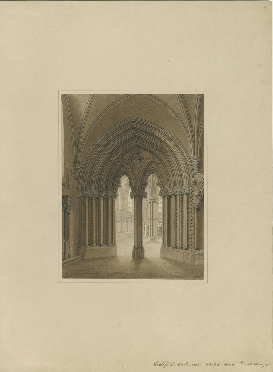 Interiér katedrály Lichfield – dveře kapituly: sépiová kresba a [c 1820] od Frederick Mackenzie