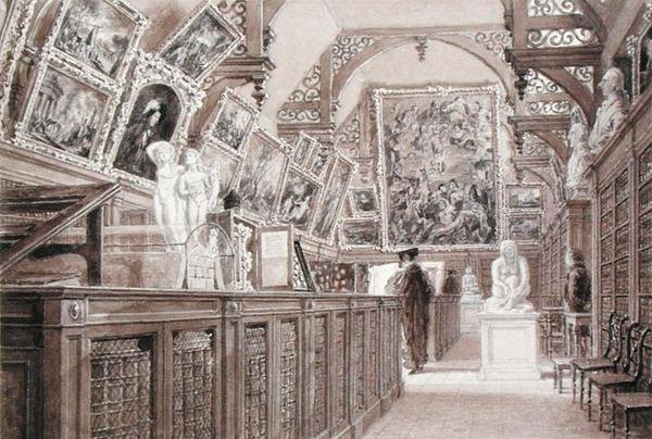 Interiér školy Old Perse School s vystaveným výběrem dědictví lorda Fitzwilliama (tužka, štětec a mytí na papíře) od Frederick Mackenzie
