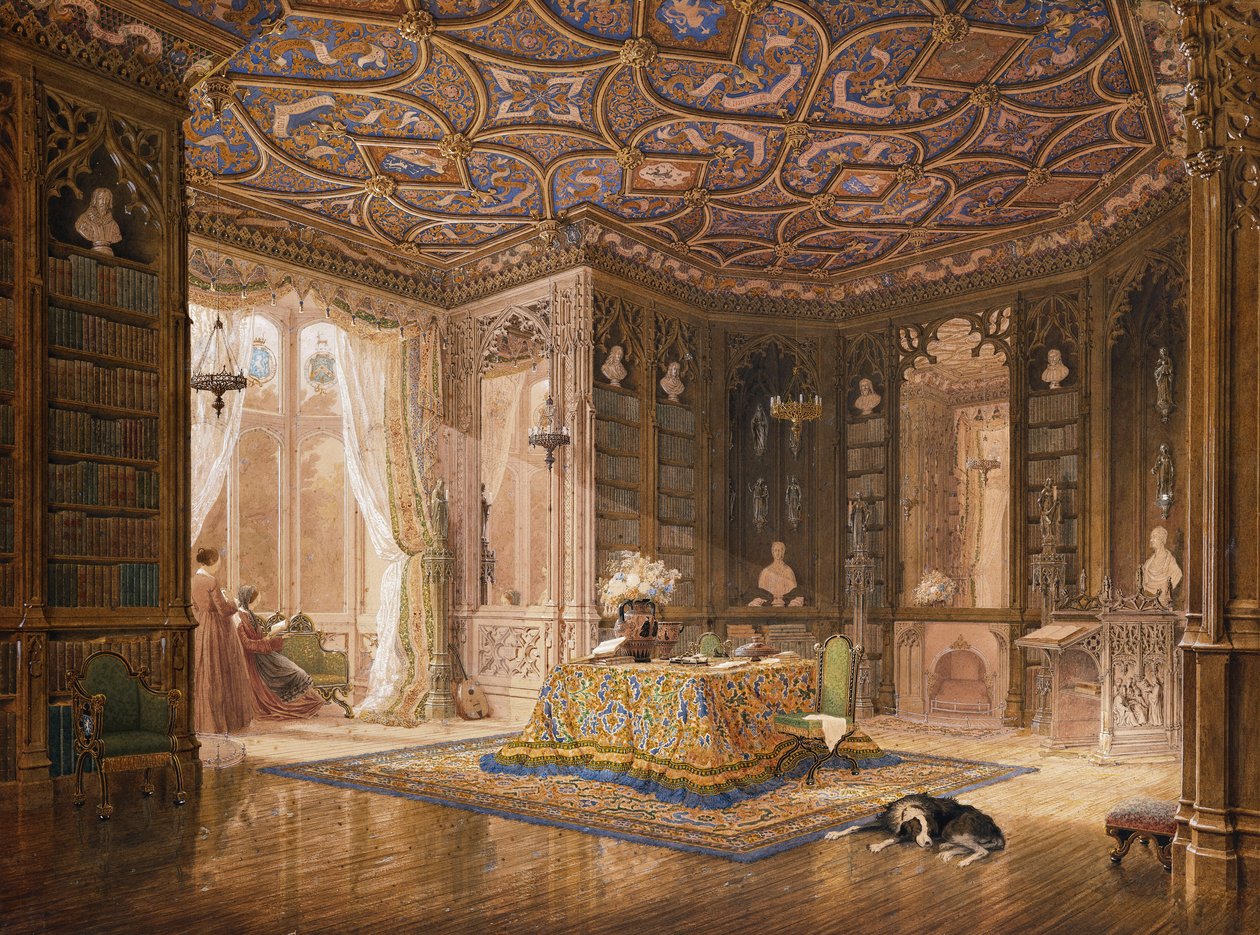 Knihovna Stanmore Hall, sídlo Roberta Hollanda, Esq, od Frederick Mackenzie