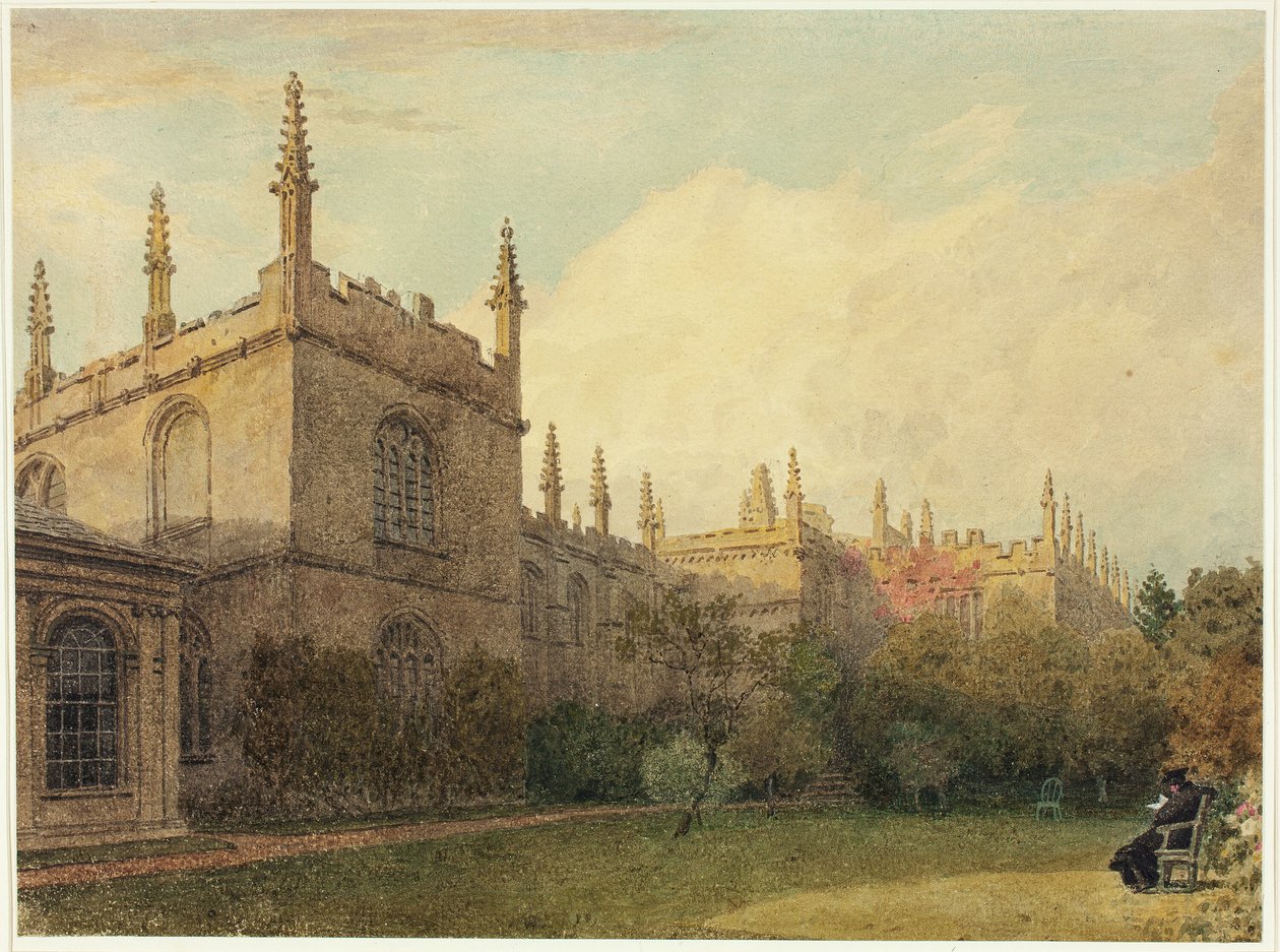 Univerzitní budovy ze zahrad Exeter College od Frederick Mackenzie
