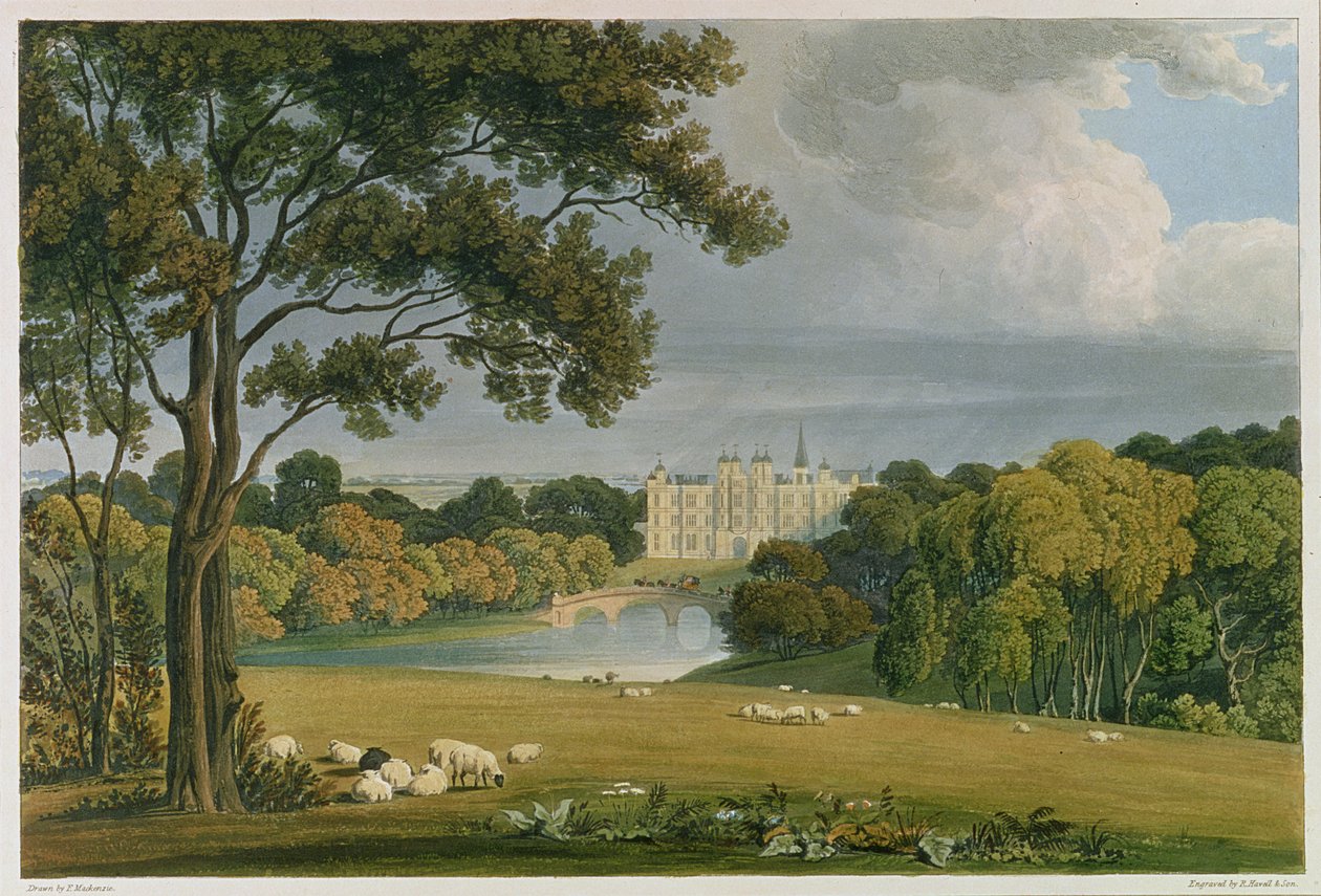 Pohled na Burghley House, sídlo markýze z Exeteru, vyryl a vydal Robert Havell (1769-1832), 1819 (barevná rytina) od Frederick Mackenzie