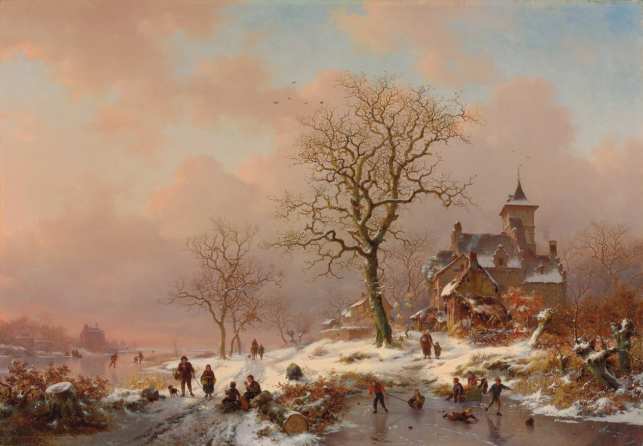 Zimní krajina s postavami hrajícími si na ledě, 1868 od Frederick Marianus Kruseman