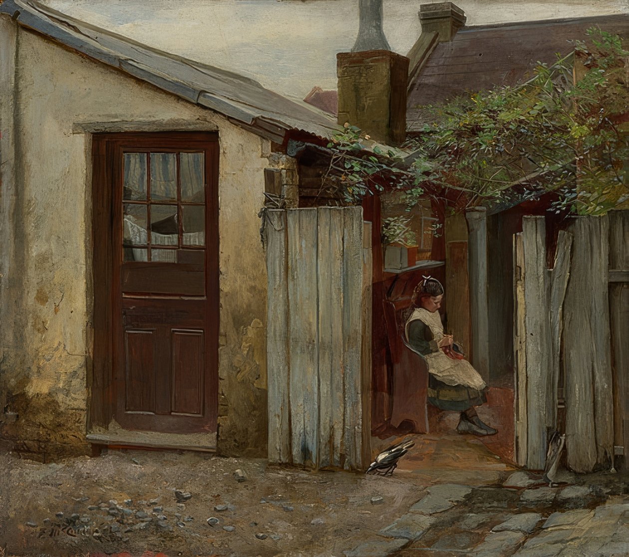 Dívka s ptákem před King Street Bakery. 1886 od Frederick McCubbin