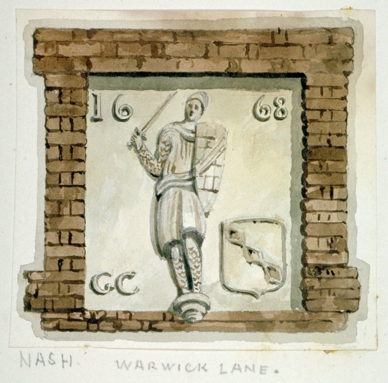 Podobizna Guye, hraběte z Warwicku, na zdi domu ve Warwick Lane, City of London, c1820. od Frederick Nash
