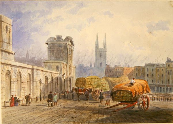 Pohled na nemocnici sv. Bartoloměje a kostel sv. hrobu, Holborn, kolem roku 1840 (akvarel na papíře) od Frederick Shepherd