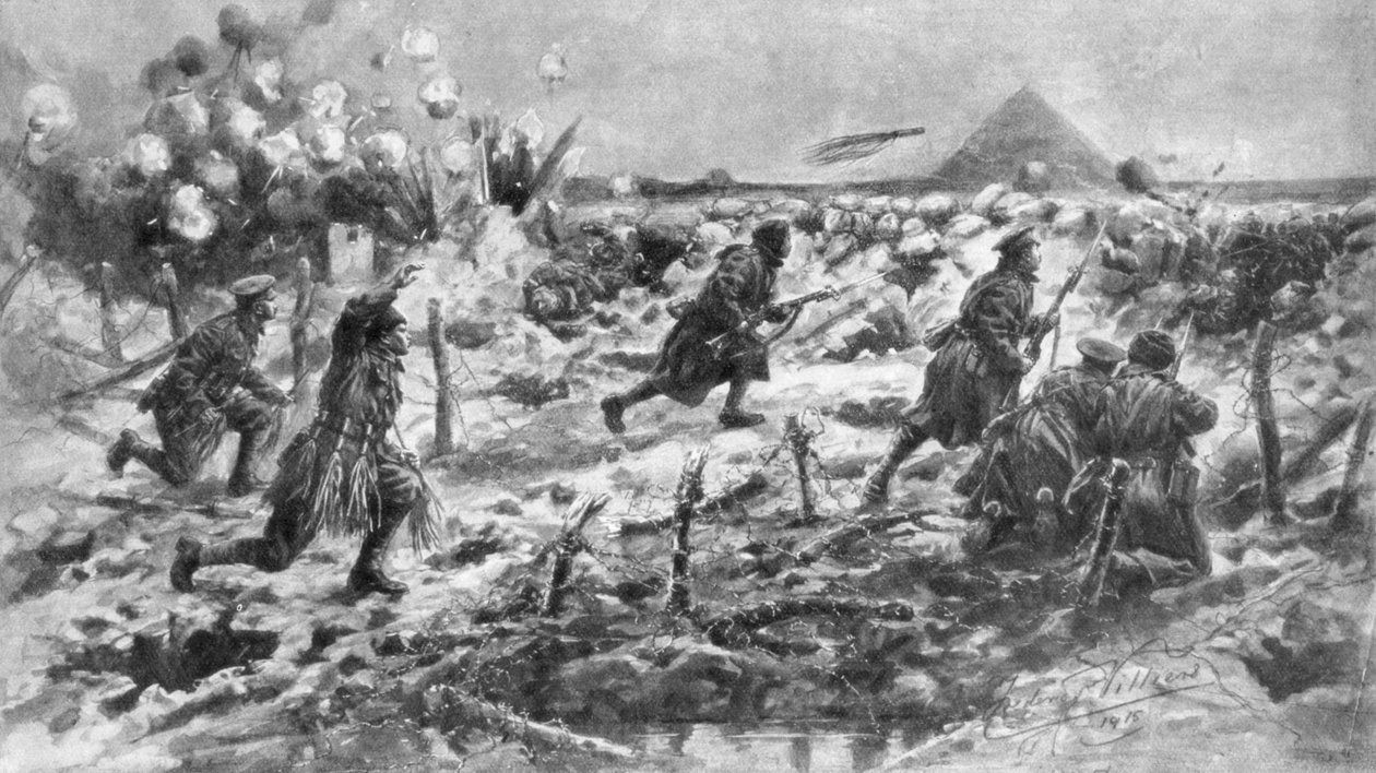Britský útok s použitím bajonetu a granátu, Neuve-Chapelle, Francie, 10. března 1915, 1926. od Frederick Villiers
