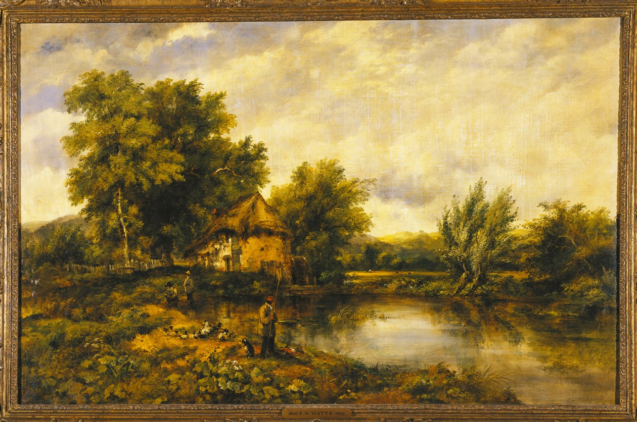 Říční krajina s rybářem u mlýna od Frederick Waters Watts