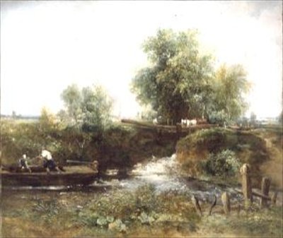 Řeka s přejezdem koní a skif od Frederick Waters Watts