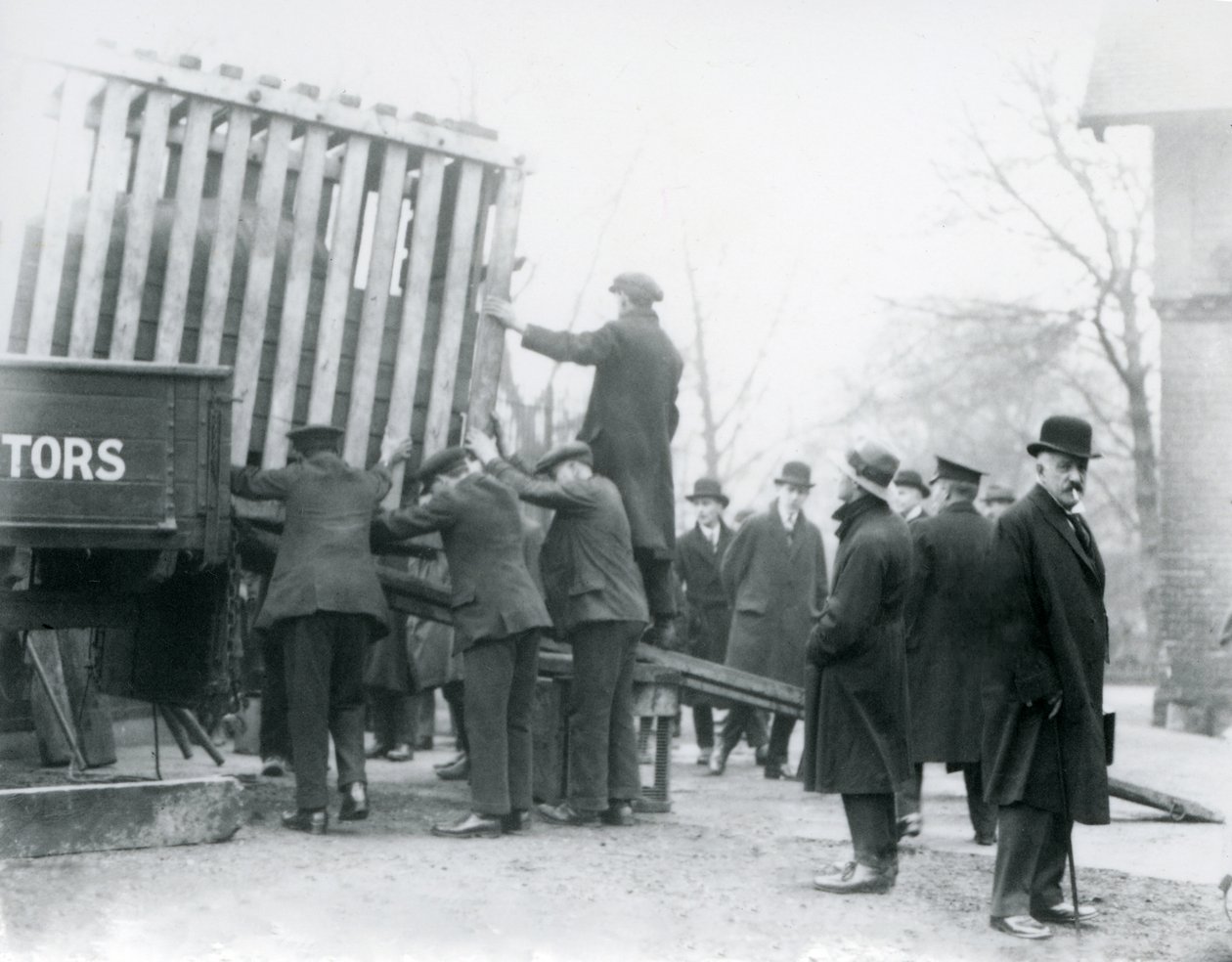 Vykládka nově příchozího nosorožce indického, londýnská zoo, 1924 od Frederick William Bond