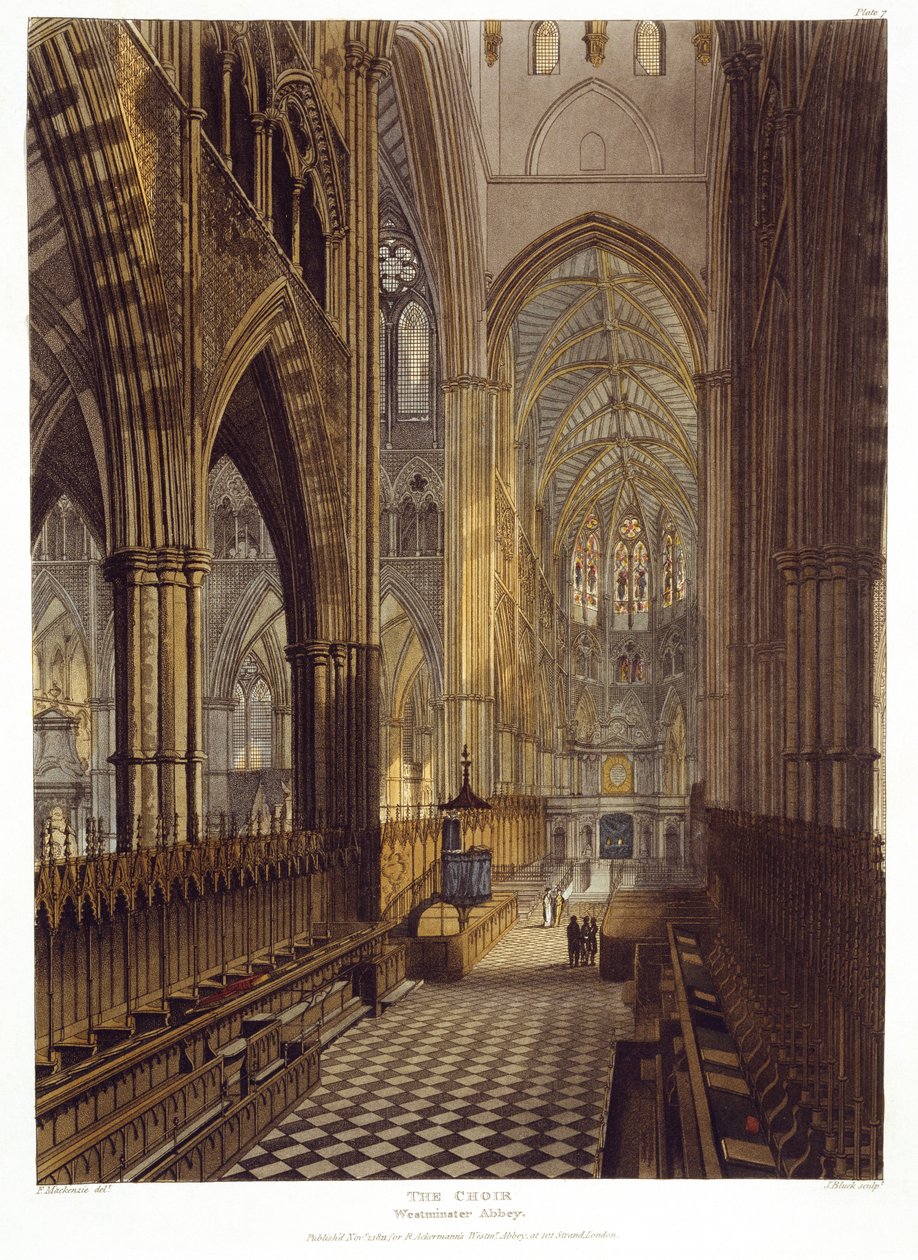 The Choir, deska 7 z Westminsterského opatství, ryl J. Bluck (fl.1791-1831) pub. od Rudolpha Ackermanna (1764-1834) 1811 (akvatinta) od Frederick after Mackenzie
