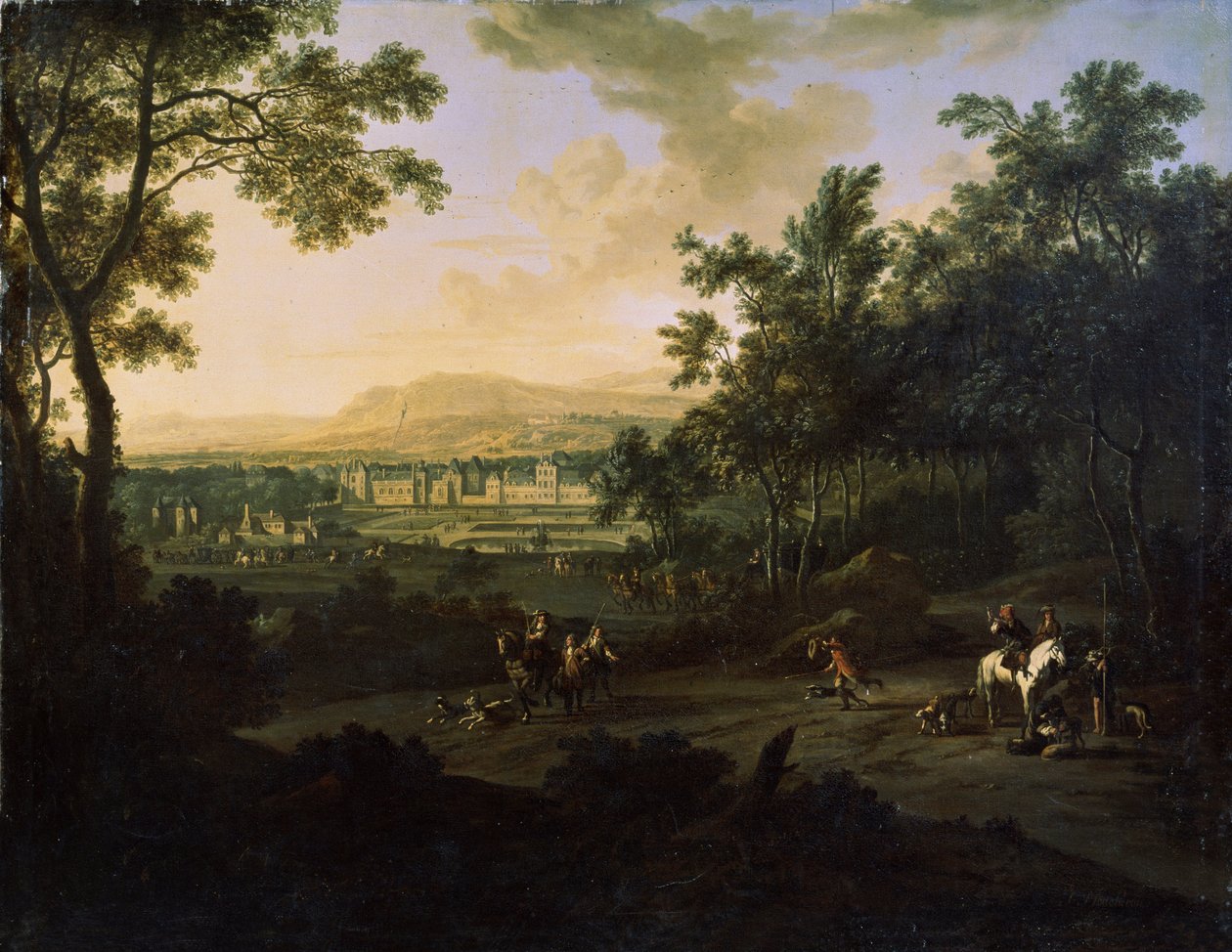 Krajina s lovci. Obraz Fredericka de Moucheron (1633-1686). Olej na plátně, holandské umění, barokní styl. Michail Kroshitsky Art Museum, Sevastopol (Sevastopol) Ukrajina od Frederick de Moucheron