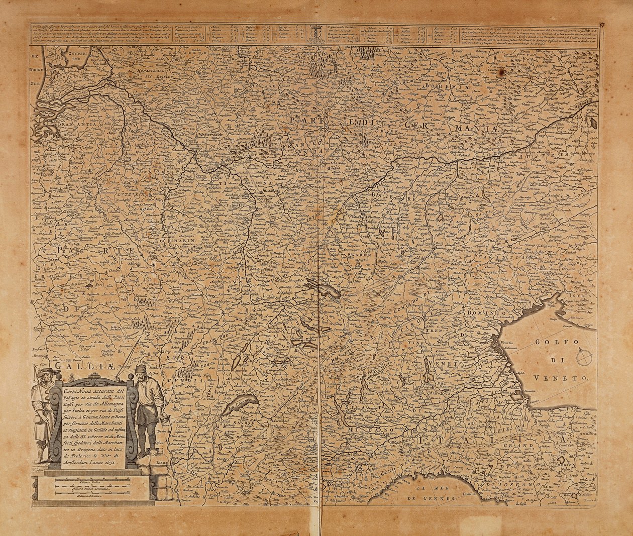 Střední-severní Evropa a severní Itálie, Mapa Frederika de Wita, Amsterdam, mědirytina od Frederick de Wit