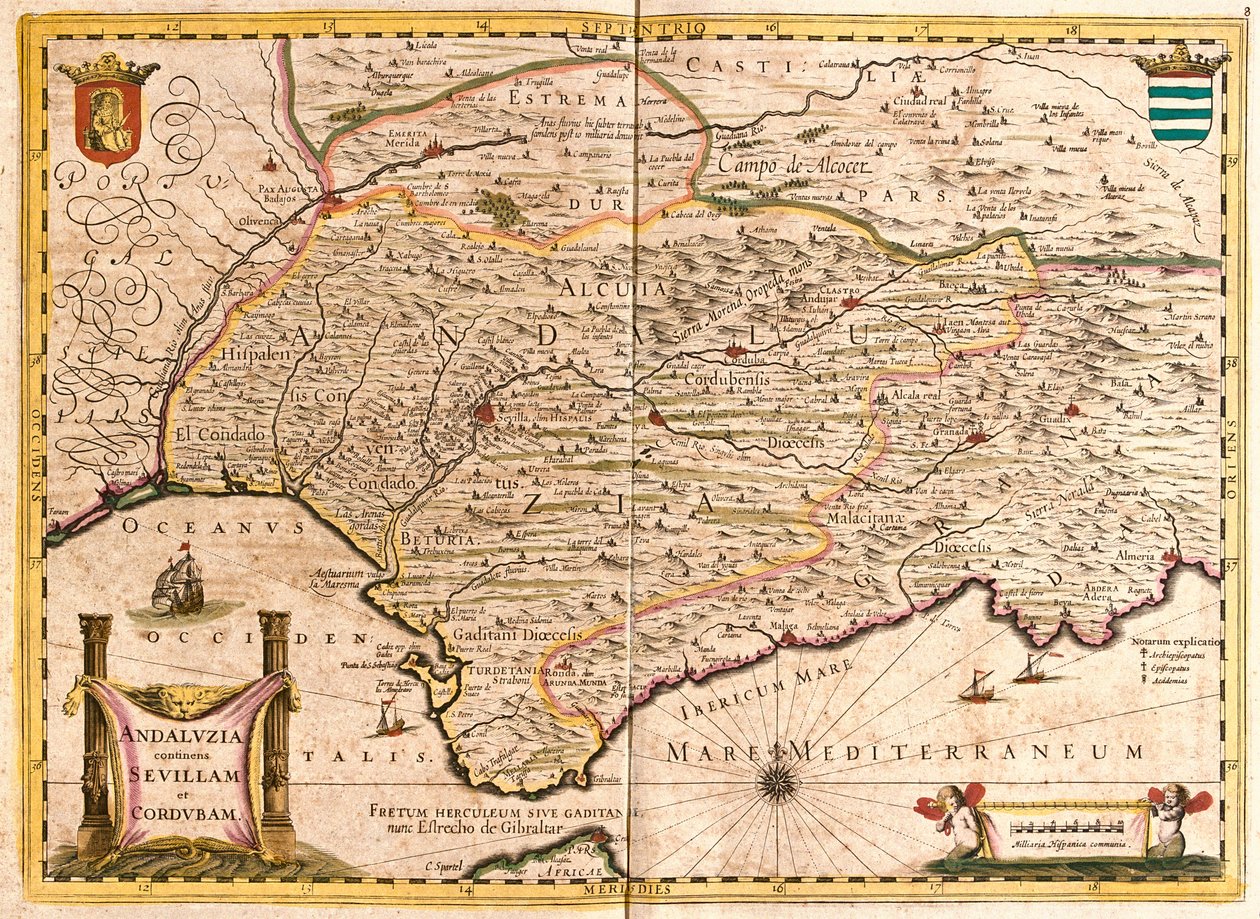 Mapa Andalusie se Sevillou a Cordobou (Španělsko) (lept od Frederick de Wit