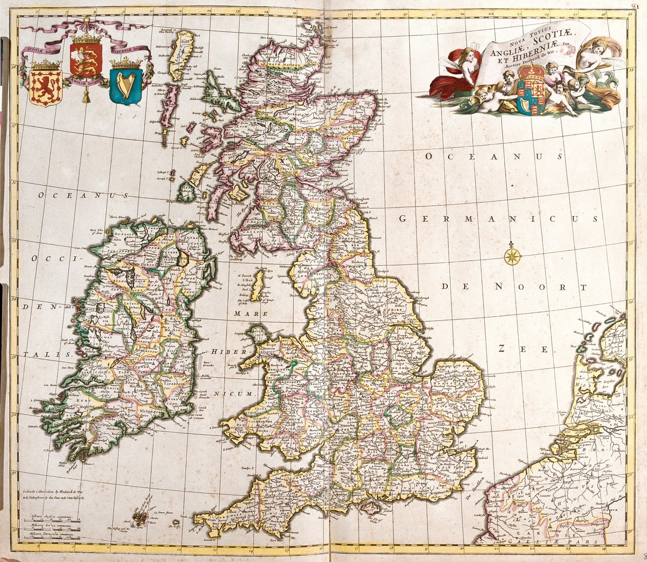 Mapa Anglie, Skotska a Irska (Velká Británie) (lept od Frederick de Wit