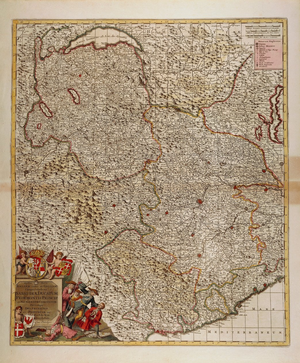 Mapa francouzských, švýcarských a italských alpských a transalpských regionů a regionu západní Ligurie, mapa Frederika de Wita z Atlas Sive Descriptio Terrarum Orbis od Frederick de Wit