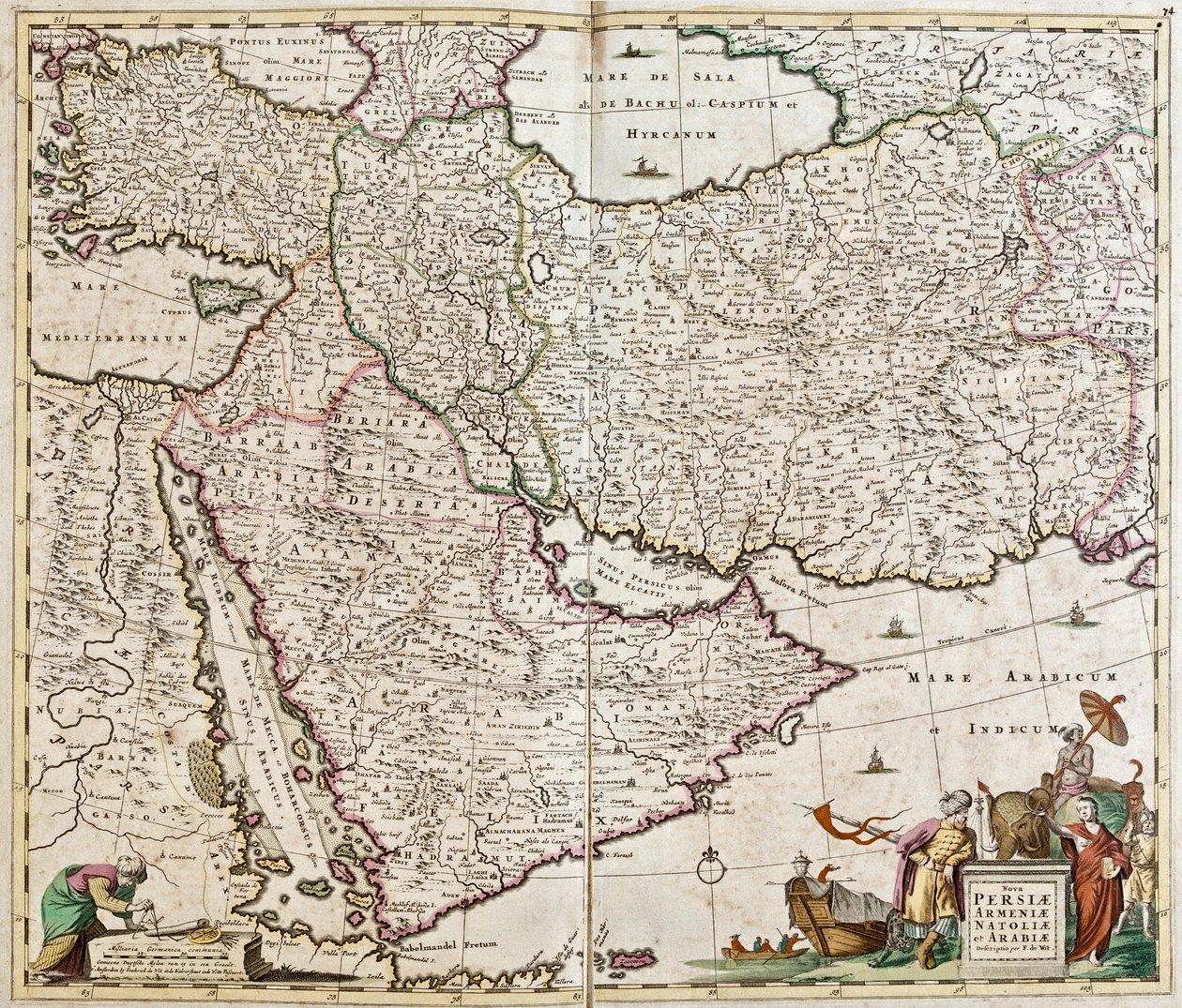 Mapa Persie (Írán), Arménie, Anatolie (Turecko)) a Arábie (Arabský poloostrov: Saúdská Arábie, Kuvajt, Spojené arabské emiráty, Omán, Katar, Jemen, Bahrajn) (lept od Frederick de Wit