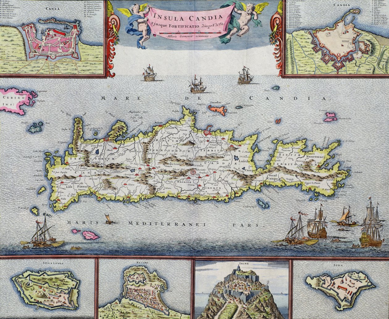 Mapa ostrova Kandie (Kréta) s námořním přístavem Herakleion, cca 1680 od Frederick de Wit