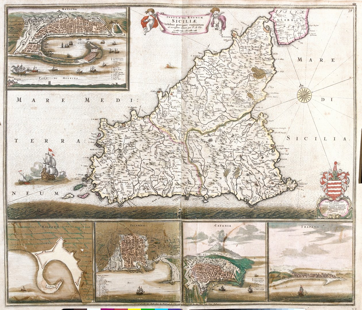 Mapa Království Sicílie (Itálie), s pohledy na města Messina, Milazzo, Palermo, Catania a Trapano (lept od Frederick de Wit