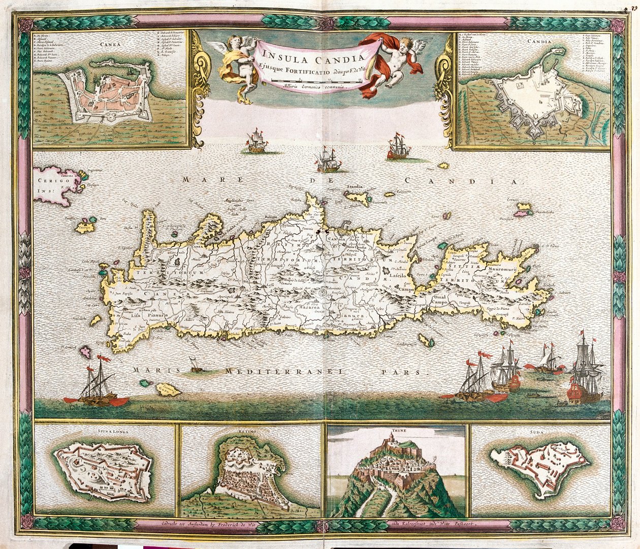 Mapa ostrova Kréta s výhledy na opevněná města La Cane a Heraklion a pevnosti Spinalonga, Retino, Thine a Souda (lept od Frederick de Wit
