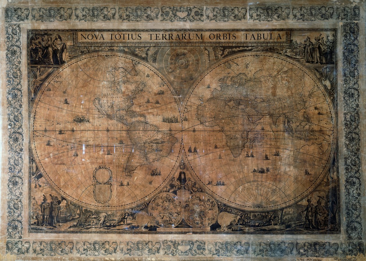 Nova Totius Terrarum Orbis Tabula, mapa světa s dvojitou polokoulí od Fredericka de Wita (1629-1630 - 1706), věnovaná císaři Josefu I., mědirytina od Frederick de Wit