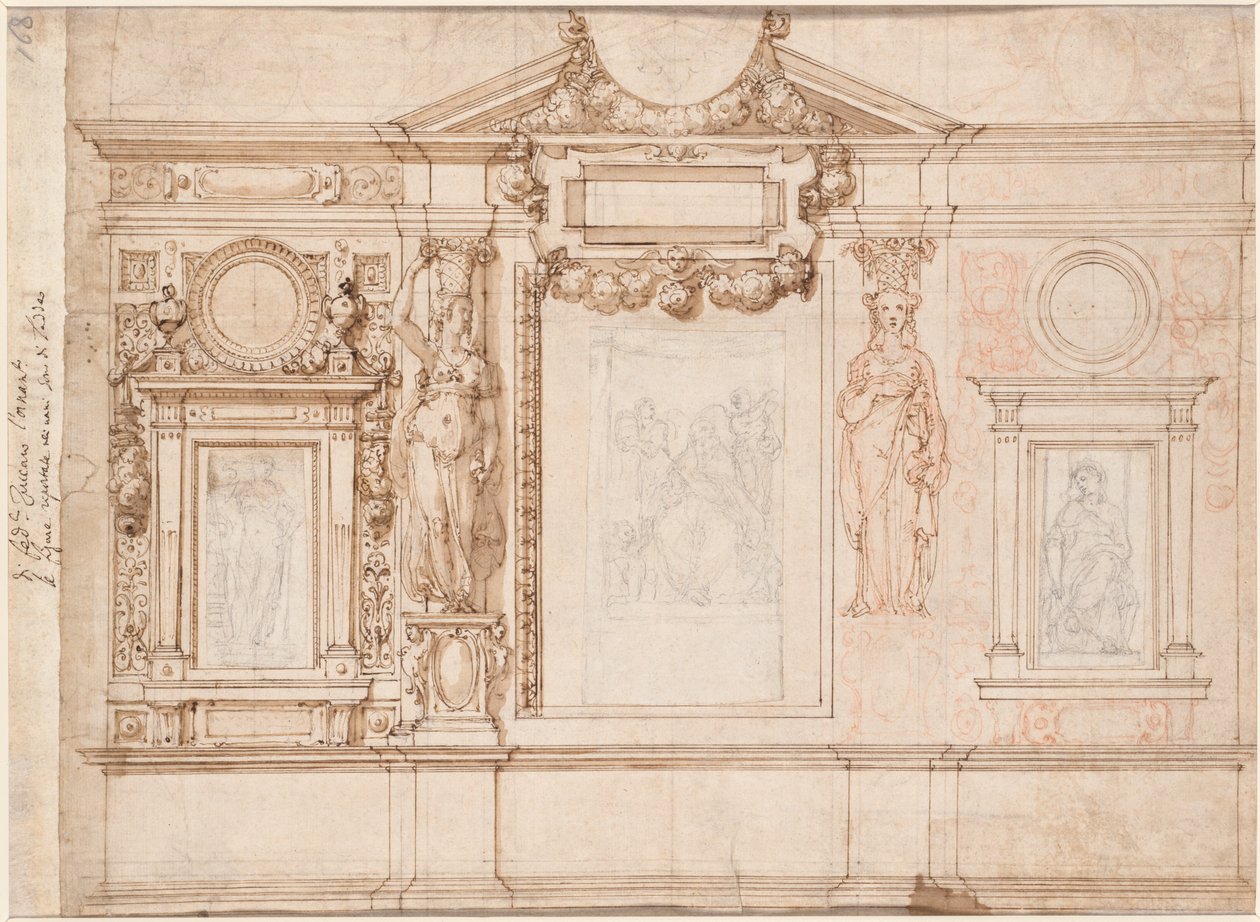 Návrh nástěnné dekorace s vloženými skicami podle Raphaela verso, c. 80.–90. léta 16. století. od Frederico Zuccaro