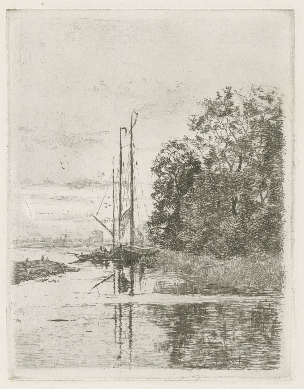 Pohled na řeku se dvěma loděmi a člunem. od Fredericus Jacobus van Rossum du Chattel (signed by artist)