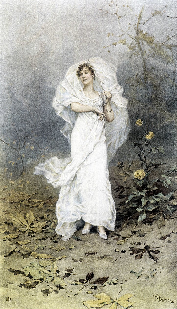 Žena v lese - Alegorie podzimu, kalendář ilustrovaný Hubertem Dysem, maloval F.H. Kaemmerer od Frederik Hendrik Kaemmerer