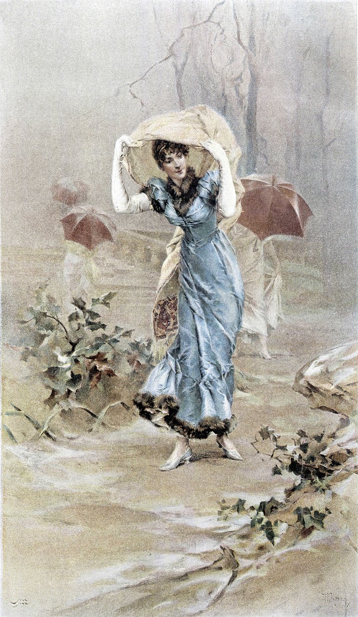 Žena chránící se před deštěm - alegorie časného podzimu, kalendář ilustrovaný Hubertem Dysem, maloval F.H. Kaemmerer od Frederik Hendrik Kaemmerer