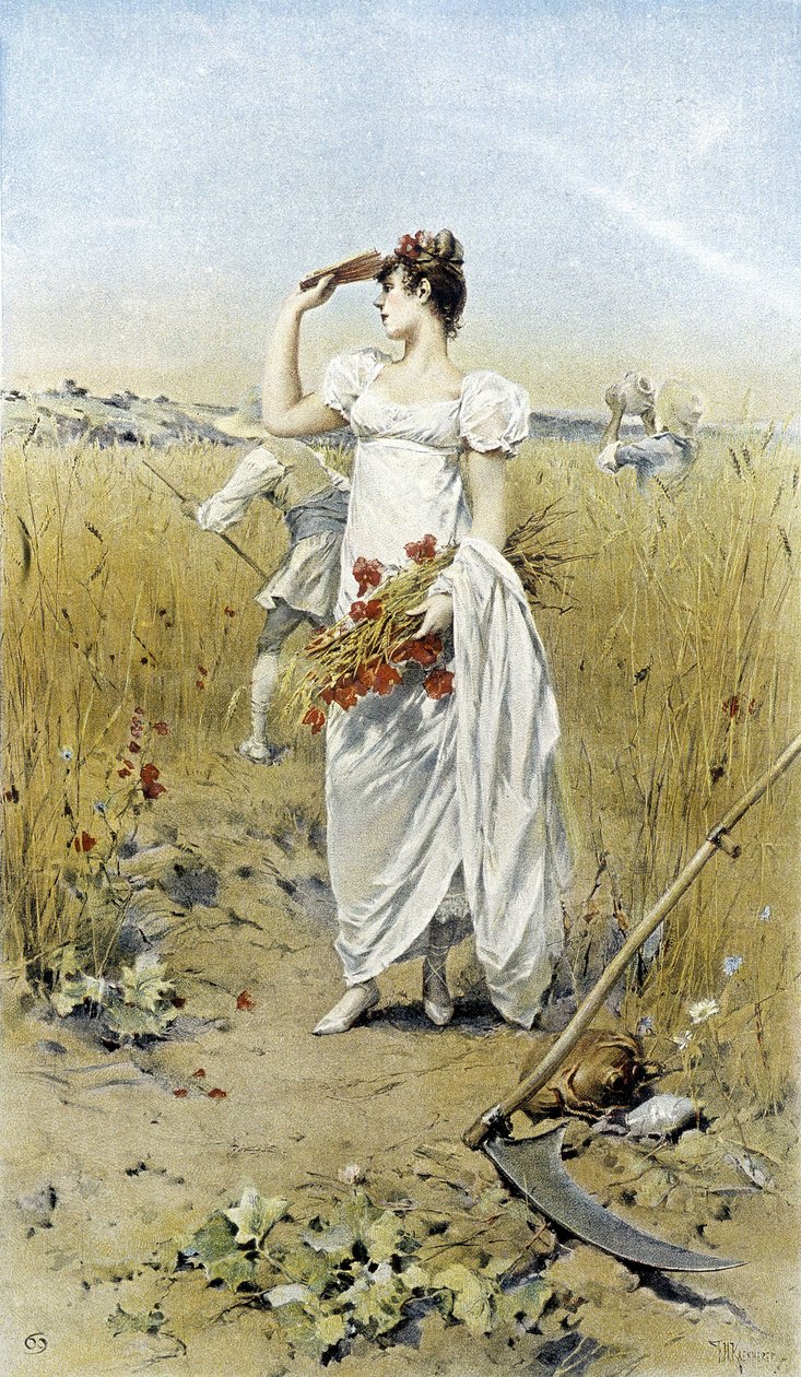 Žena s pšenicí a mákem - alegorie pozdního léta, kalendář ilustrovaný Hubertem Dysem, maloval F.H. Kaemmerer od Frederik Hendrik Kaemmerer