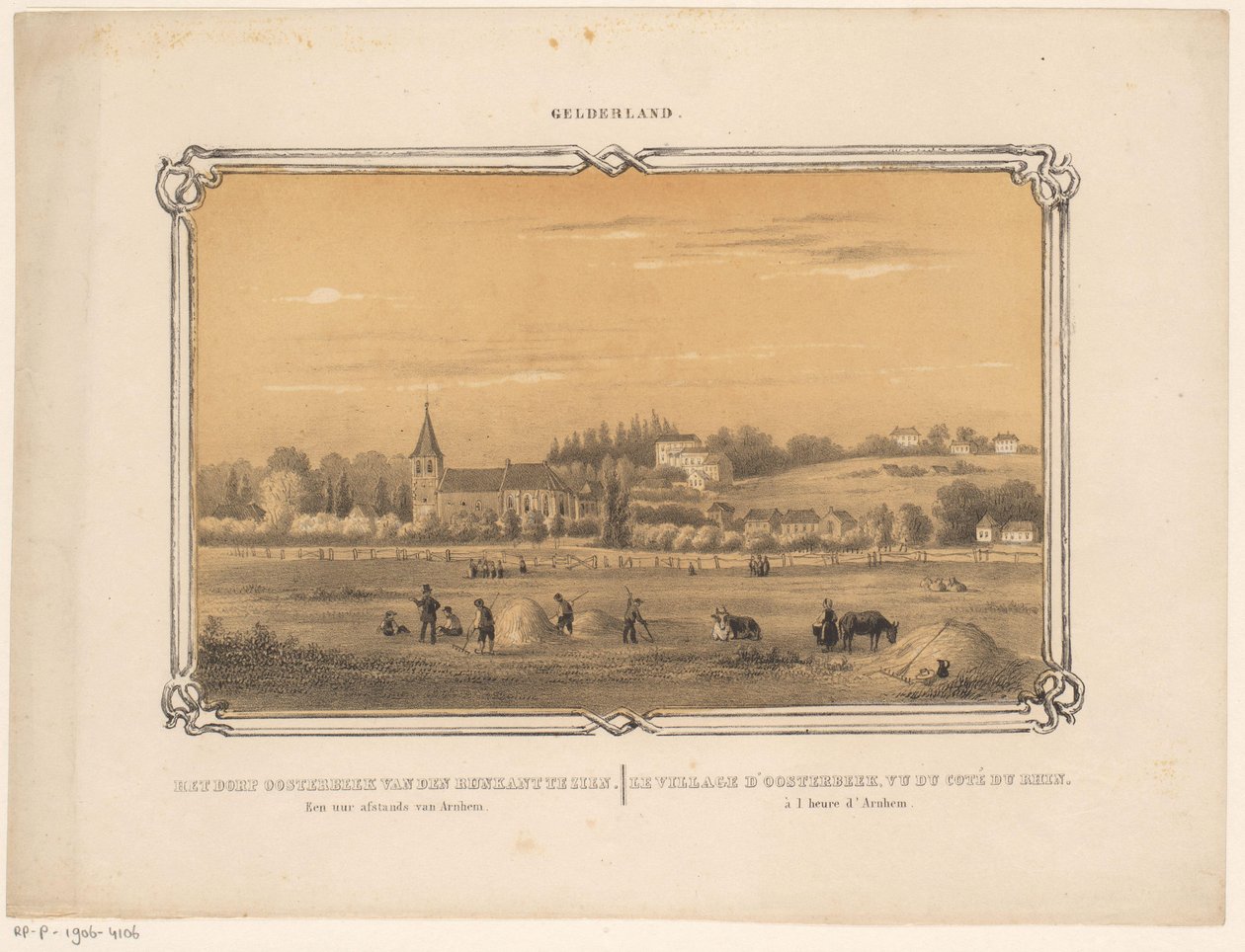 Pohled na Oosterbeek s postavami vyrábějícími seno Vesnice Oosterbeek je vidět z den Rijnkant. Hodinu od Arnhemu. (název na objektu) Gelderland (název série na objektu) od Frederik Lodewijk Huygens