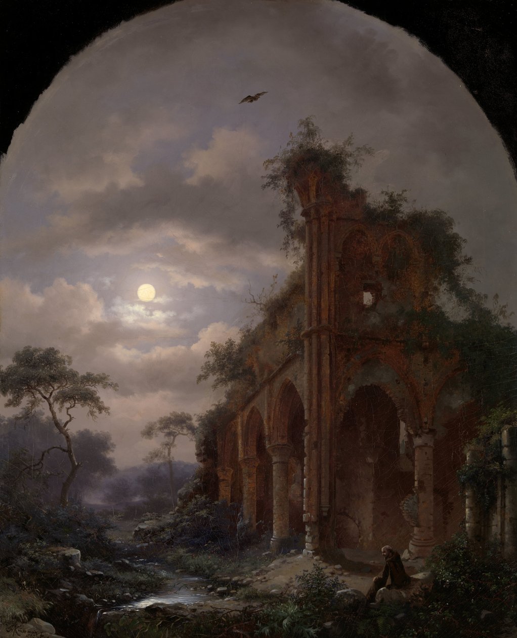 Mnich meditující poblíž zříceniny za měsíčního svitu Meditující mnich na zřícenině v noci od Frederik Marinus Kruseman (signed by artist)