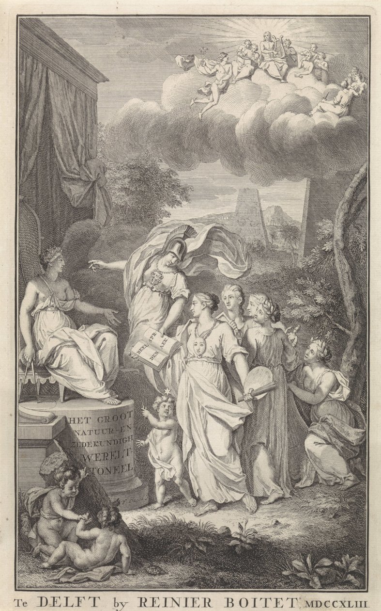 Minerva a umění za trůnující postavu Titulní strana pro: The Groot Natuur- en Zedekundigh Wereldtoneel, Delft, R. Boitet, 1743 od Frederik Ottens