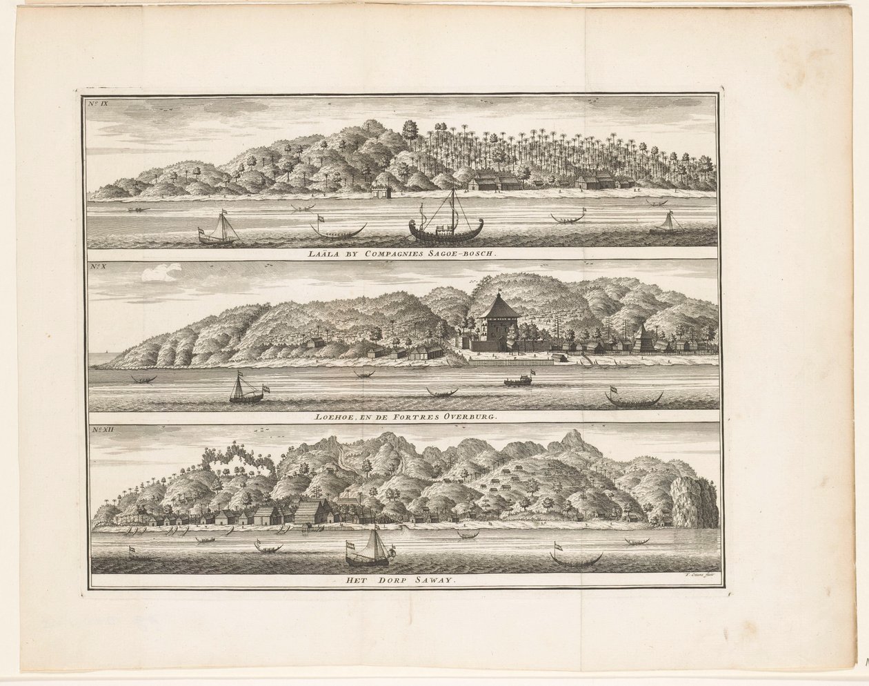 Několik VOC posílení na Ceram Laäla od Compagnies Sagoe-bosch / Loehoe a Fortres Overburg / Vesnice Saway (název na objektu) od Frederik Ottens