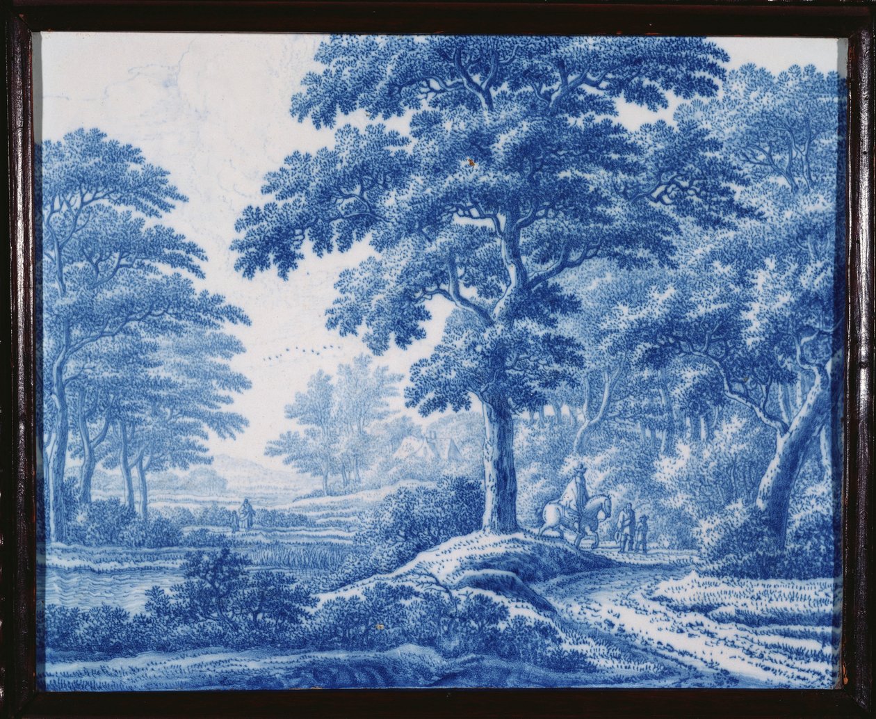 Velmi vzácná holandská delftská modrobílá obdélníková plaketa, zobrazující pocestné na cestě v zalesněné krajině (porcelán) od Frederik van Frijtom