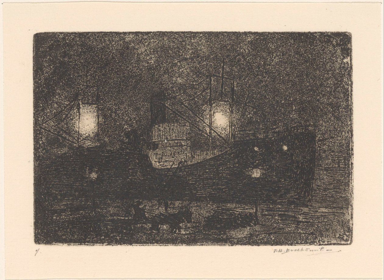 Loď na nábřeží v noci od Frederika Henriëtte Broeksmit (signed by artist)