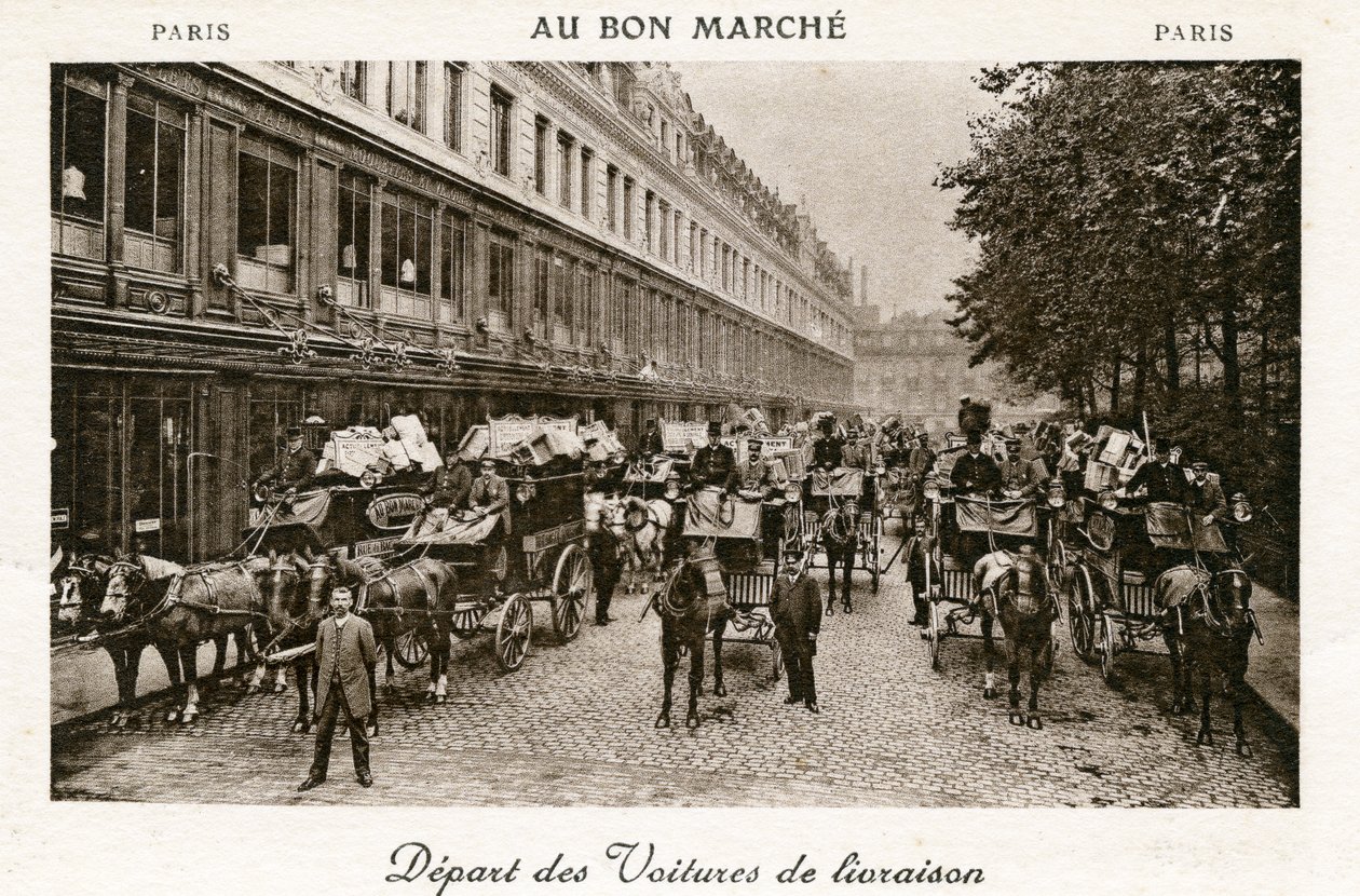Odjezd dodávkových vozů z obchodních domů Bon Marché, Paříž, kolem roku 1890 od French Photographer