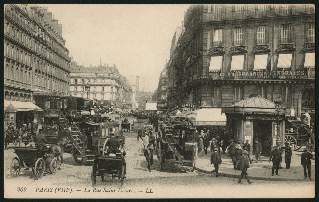 Pohlednice zachycující Rue Saint-Lazare v Paříži, cca 1900 (fotolitografie) od French Photographer