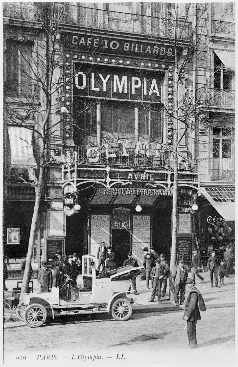 Pohlednice zobrazující hudební síň Olympia, 28 Boulevard des Capucines, Paříž, začátek 20. století od French Photographer