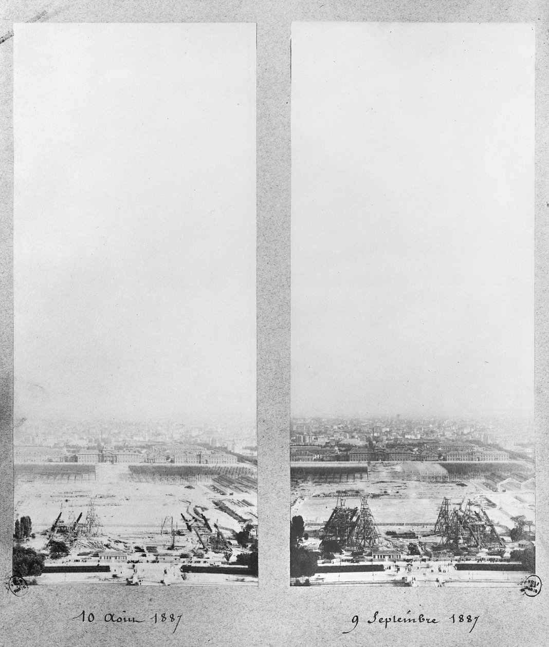 Dva pohledy na stavbu Eiffelovy věže, Paříž, 10. srpna a 9. září 1887 od French Photographer