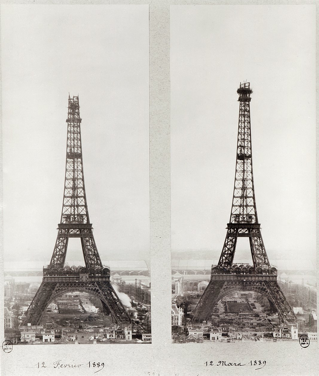Dva pohledy na stavbu Eiffelovy věže, Paříž, 12. února a 12. března 1889 od French Photographer