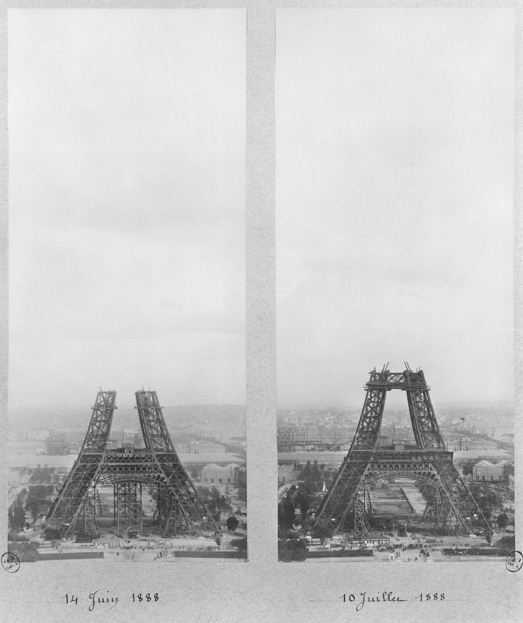 Dva pohledy na stavbu Eiffelovy věže, Paříž, 14. června a 10. července 1888 od French Photographer