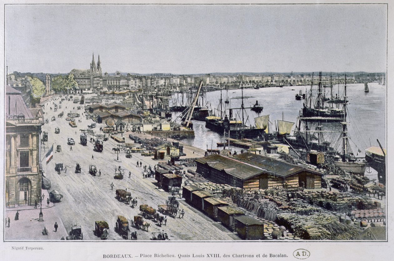 Pohled na přístav Bordeaux s Place Richelieu a Quais Louis XVIII, des Chartrons und de Bacalan, konec devatenáctého století (barevné foto) od French Photographer