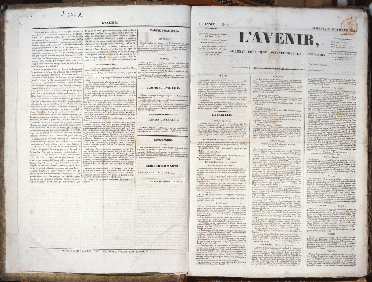 1. vydání časopisu LAvenir, 16. listopadu 1830 (tištěný papír) od French School