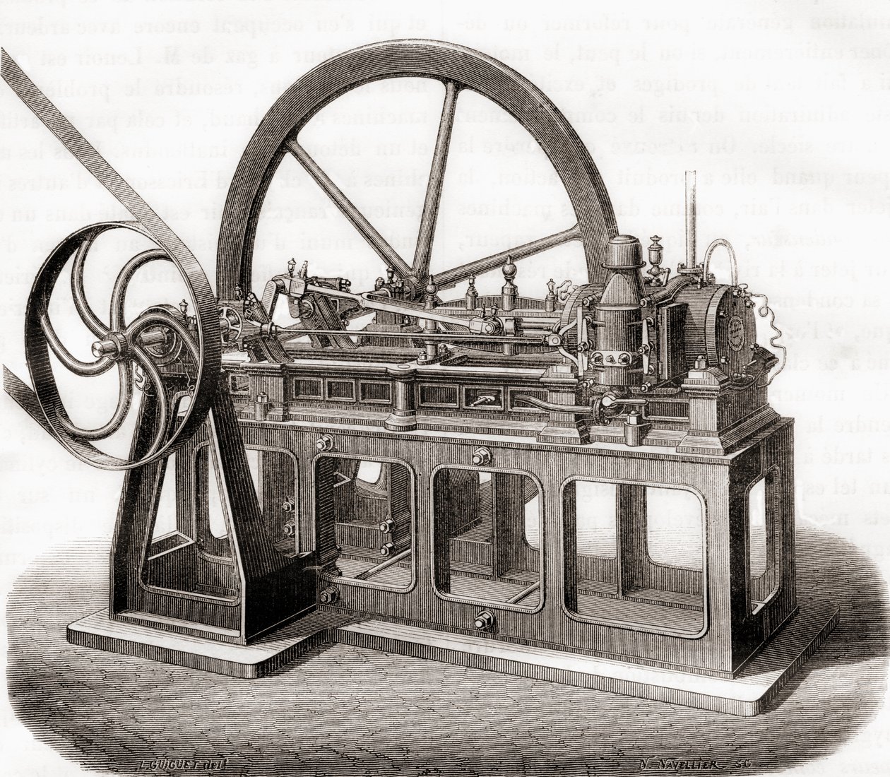 Motor na plyn z 19. století, z knihy Les Merveilles de la Science, vydané kolem roku 1870. od French School