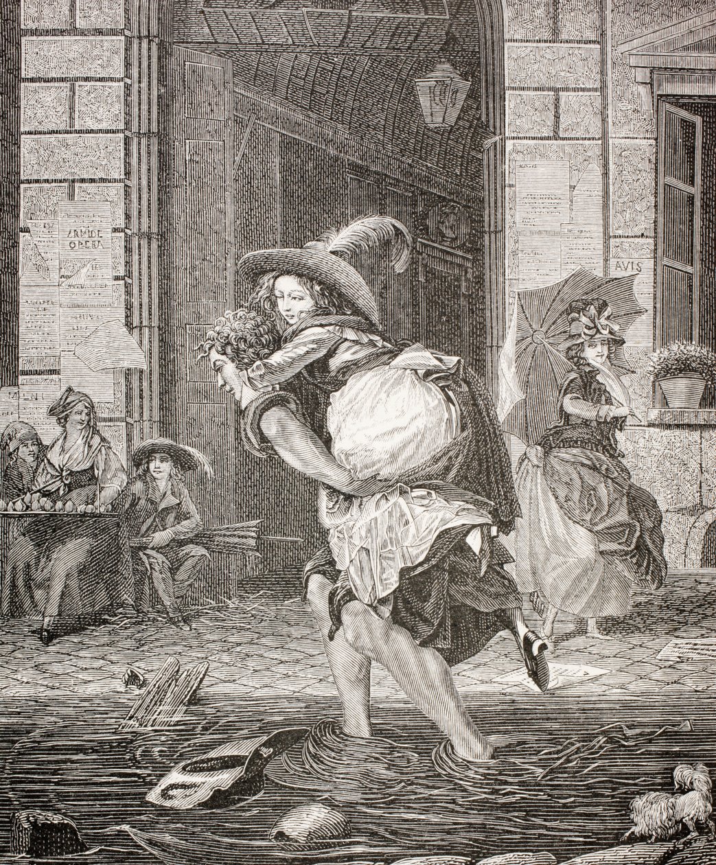 Přepravce převážející ženu přes ulici za deštivého dne v Paříži 18. století, 1875 od French School