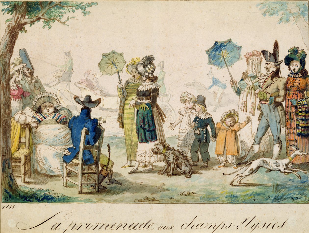 Procházka v Champ Elysees, 1811 (pero a inkoust a wc na papíře) od French School