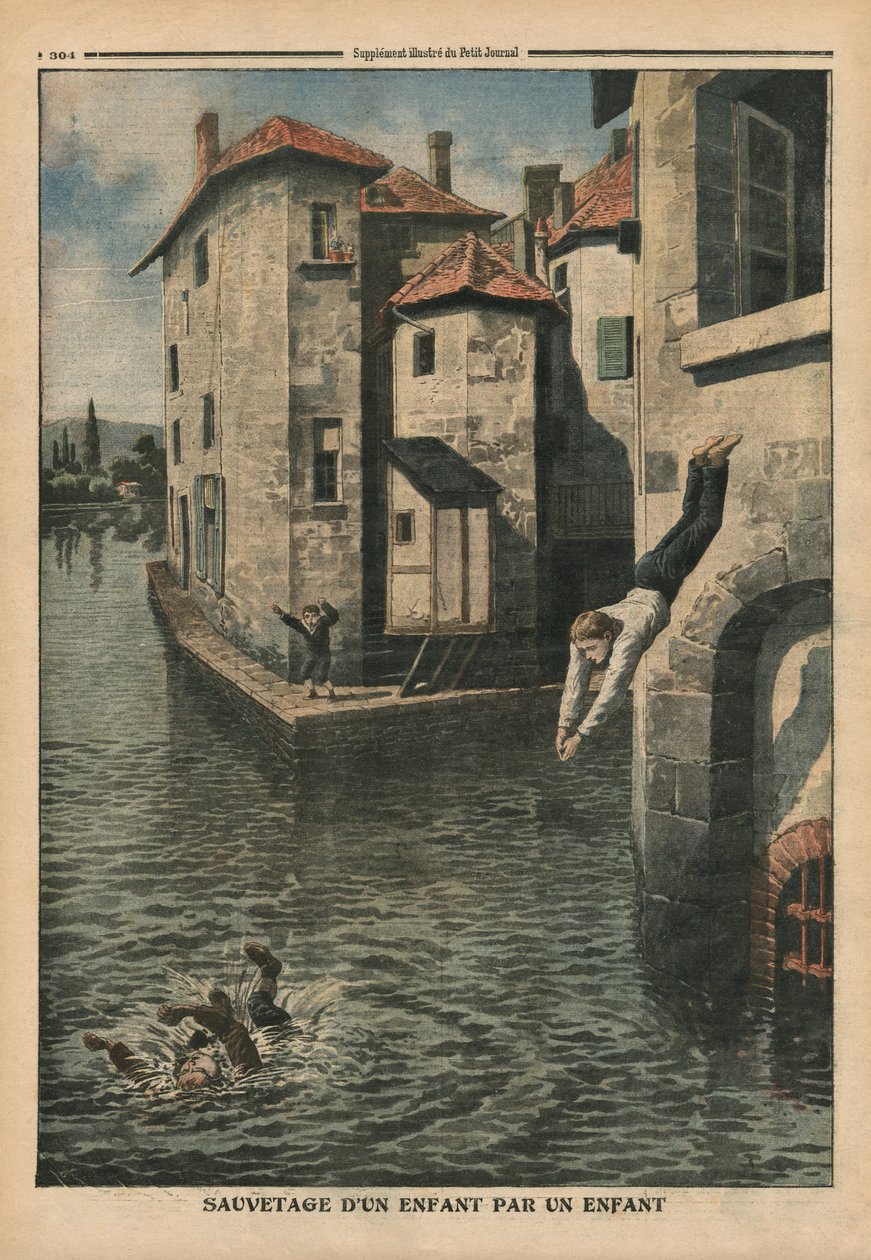 Dítě zachraňující jiné dítě, ilustrace z "Le Petit Journal", supplement illustre, 18. září 1910. od French School